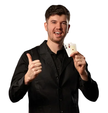 Hellspin Casino promo image: host with playing cards