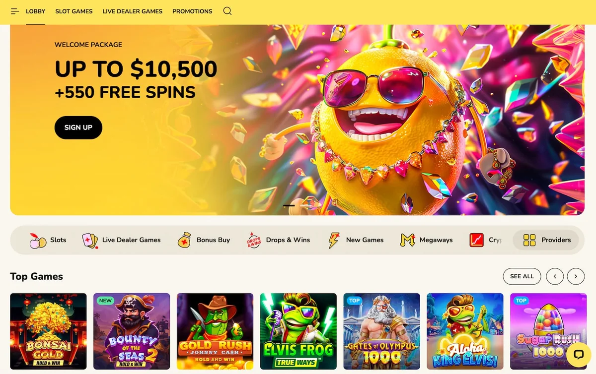 FatFruit Casino Australian homepage with the up to $10,500 + 550 free spins welcome banner